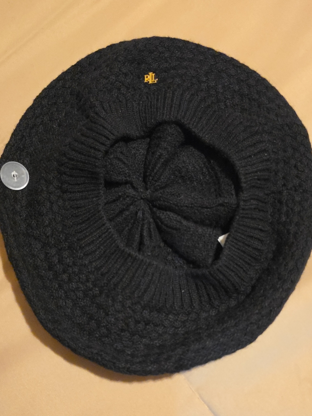 Ralph Lauren Black Knit Wool Beret with Gold RL Accent